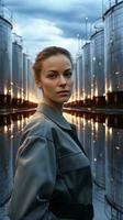 A woman standing in front of a row of silos AI Generated photo