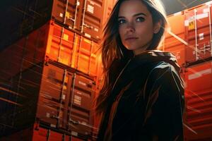 A woman surrounded by stacks of boxes AI Generated photo