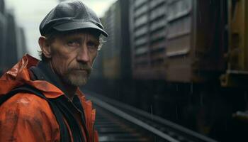 A man standing next to a train wearing an orange jacket and hat AI Generated photo