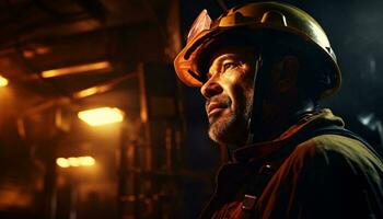 A worker in a factory wearing a hard hat for safety AI Generated photo