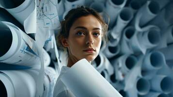 A woman standing in front of a colorful wall of rolled paper AI Generated photo