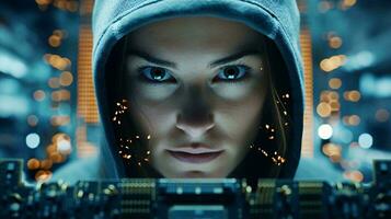 A woman examining a computer processor in a hoodie AI Generated photo