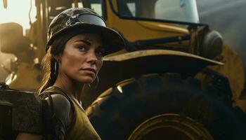 un mujer vistiendo un casco en pie con confianza en frente de un poderoso tractor ai generado foto