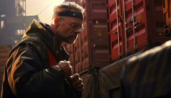 A man standing in front of shipping containers wearing a blindfold and headband AI Generated photo