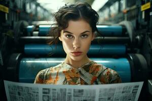 un mujer leyendo un periódico en un tren ai generado foto