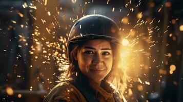 A woman wearing a helmet standing in front of a firework display AI Generated photo