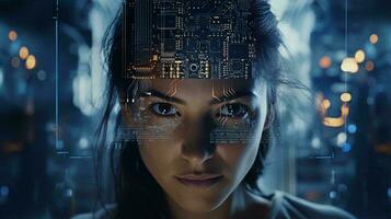 un mujer cabeza con un futurista circuito tablero en arriba, representando el fusionando de tecnología y humano inteligencia ai generado foto