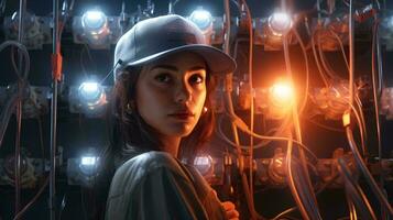 A woman wearing a hard hat standing in front of a network of wires AI Generated photo