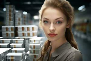 A woman standing in front of stacks of cigarettes AI Generated photo