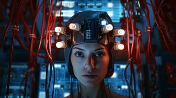 A woman wearing a headlight surrounded by wires AI Generated photo