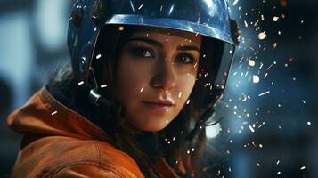 A woman with a fiery expression wearing a helmet with sparks flying out AI Generated photo