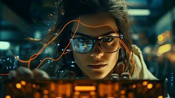 un mujer vistiendo lentes trabajando en un computadora ai generado foto