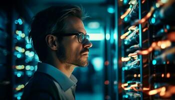 A man wearing glasses looking at a server in a data center AI Generated photo