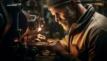 un hombre operando maquinaria en un fábrica ai generado foto