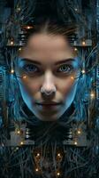 A woman's face surrounded by wires and cables AI Generated photo