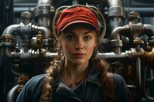 A woman in a red hat standing in front of pipes AI Generated photo