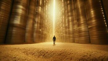 A man standing in front of a large amount of grain AI Generated photo