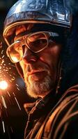 A man holding a sparkler with a helmet and glasses AI Generated photo