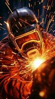 A welder working with sparks in a welding mask AI Generated photo