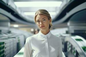 A woman in a white shirt standing in a room AI Generated photo