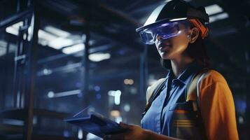 A woman wearing safety goggles and a hard hat AI Generated photo