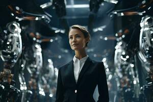 A confident woman in a suit standing proudly beside a modern machine AI Generated photo