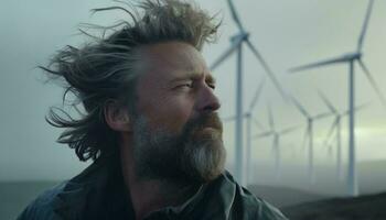 A man standing in front of wind turbines AI Generated photo