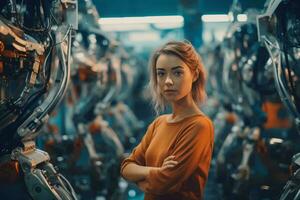A woman in front of industrial machinery AI Generated photo