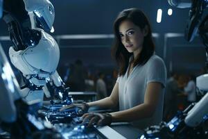 A woman typing on a keyboard with a robot in the background AI Generated photo