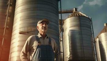 A man in overalls standing in front of silos AI Generated photo