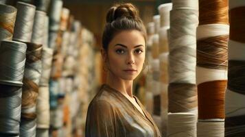 A woman standing in front of a colorful display of yarn in a yarn store AI Generated photo