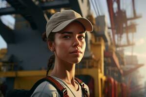 A woman standing in front of a ship wearing a baseball cap AI Generated photo