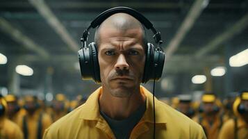 A man wearing headphones and a yellow shirt AI Generated photo