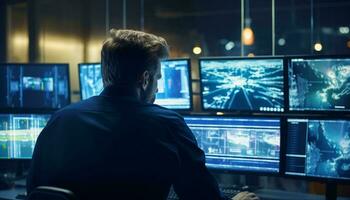 A man working at a desk with multiple computer monitors AI Generated photo