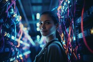 A woman surrounded by a network of tangled wires AI Generated photo