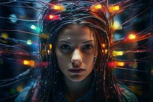 A woman with intricate hairstyle adorned with wires AI Generated photo