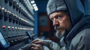 A man in a hooded jacket working on a computer AI Generated photo