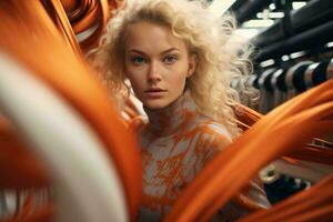 A woman with blonde hair standing in front of a rack of orange wires AI Generated photo