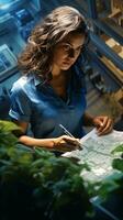 un mujer en un azul camisa escritura en un pedazo de papel ai generado foto