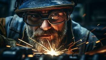 un barbado hombre vistiendo lentes trabajando en metal fabricación ai generado foto