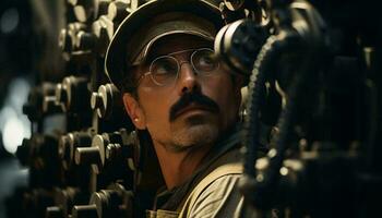 A man wearing glasses and a hat standing in front of a machine AI Generated photo