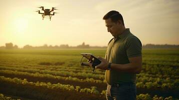 A man using a tablet while standing in a field AI Generated photo