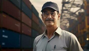 A man standing in front of a stack of shipping containers AI Generated photo