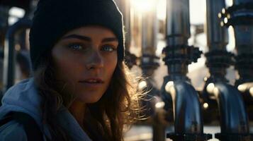 un mujer en un gorro posando en frente de industrial tubería ai generado foto