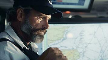 un hombre en un sombrero estudiando un mapa para direcciones ai generado foto