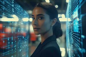 A woman standing in front of a digital wall of data AI Generated photo