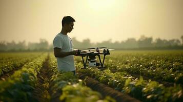 A man flying a remote control airplane in an open field AI Generated photo