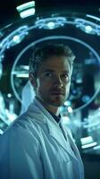 A scientist studying a circular object in a laboratory AI Generated photo
