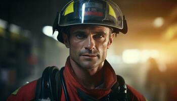 A firefighter wearing a helmet looking directly at the camera AI Generated photo