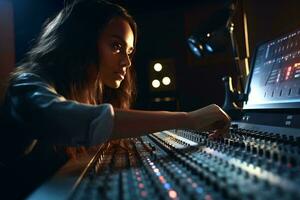 un mujer trabajando en un sonido tablero en un grabación estudio ai generado foto